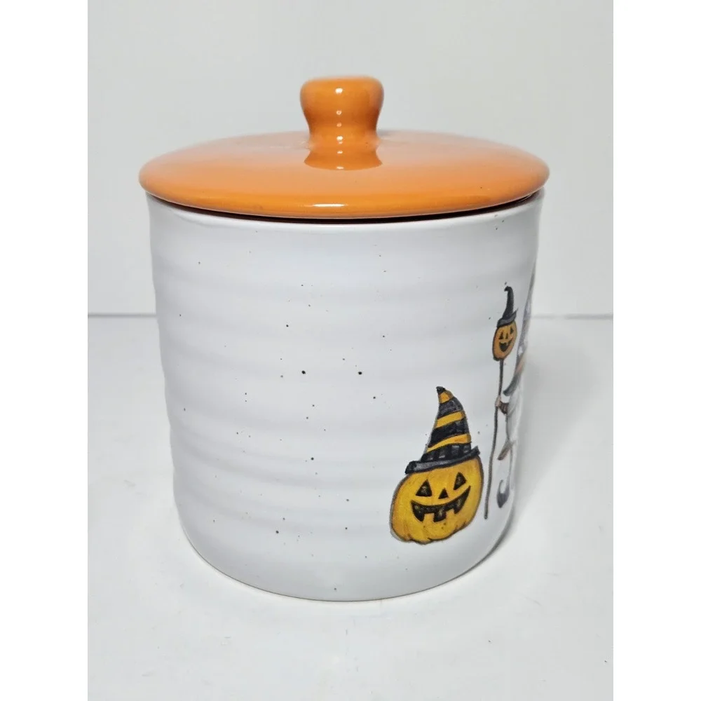 Cobwebs And Cauldrons Halloween Gnome Pumpkin Ceramic Canister Cookie Jar Orange
